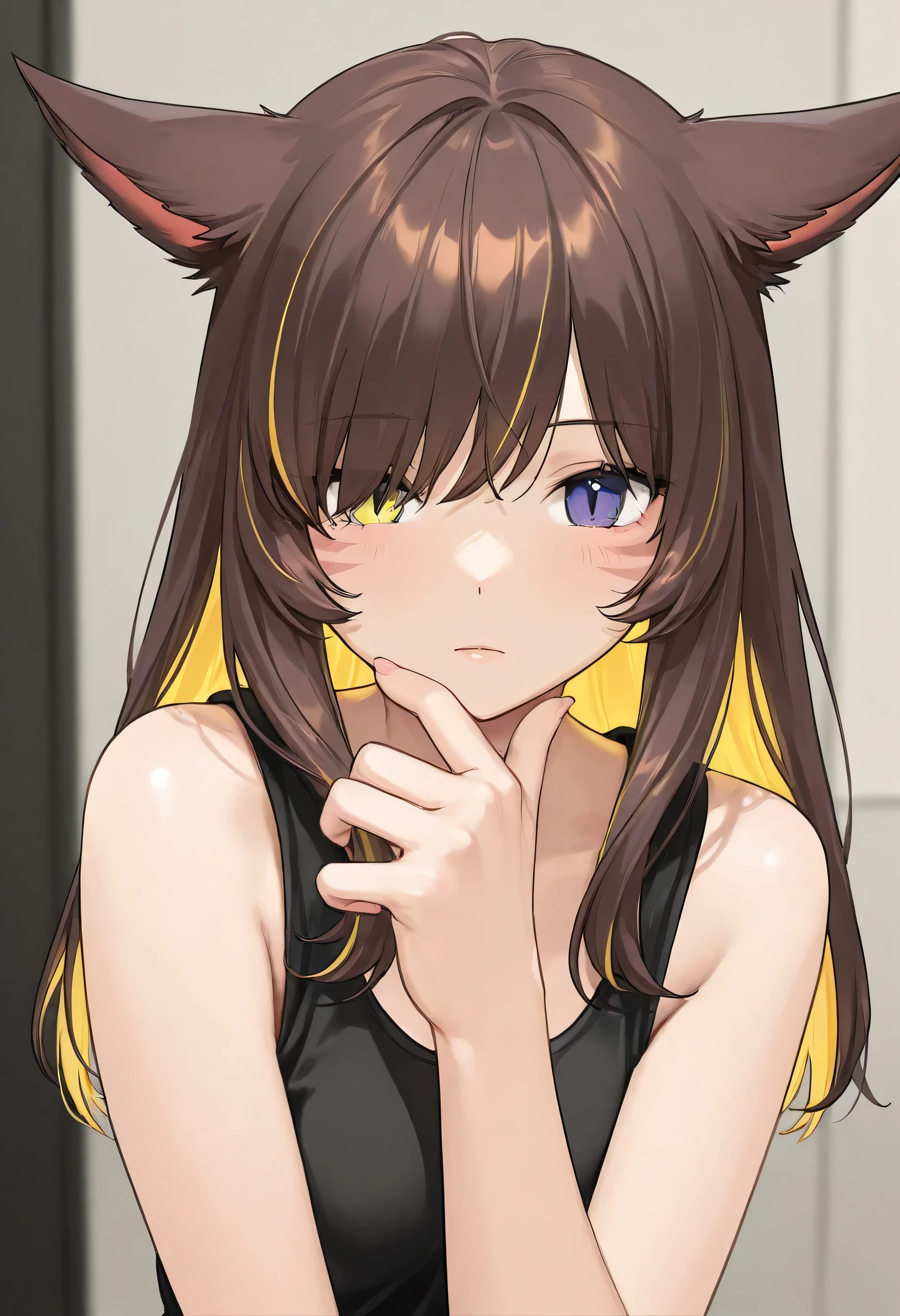 masterpiece,1girl, colored inner hair Brown hair Yellow hair, cat_ears, Black oversized hoodie,  inner tank top , Hair on one eye, Long hair tips, Miqo'te