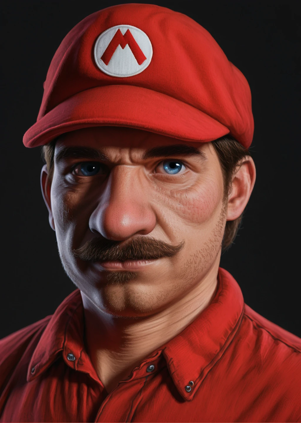 real_mario, looking at viewer, black background, well lit, 20 year old man, handsome man, pale skin, black mustache, brown hair, round bulbous nose, red cotton cap, embroidery, red cotton shirt, red buttoned-up collared shirt, blue denim bib overalls, close-up, blue eyes, high quality, realistic, vivid colors, solo, solo focus, 1 man, extremely detailed, slightly chubby,