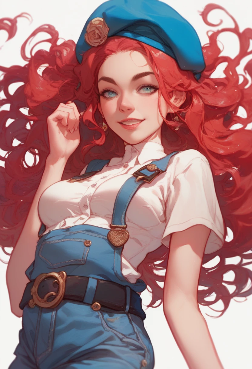 White-skinned Trans Girl ,  long long wavy deep red hair, ojos azules, slim,  medium breasts , cintura slim,  wearing a short sleeve white shirt , Blue overalls,  hip belt ,  wearing an artist's beret  