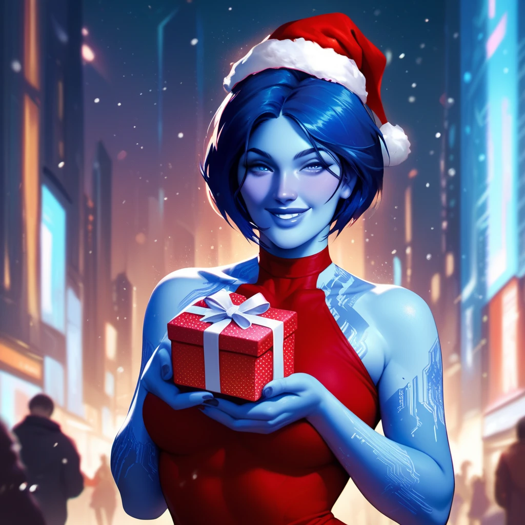 cortana from halo, christmas hat, christmas dress, holding a gift, smile, cyberpunk city background, blue skin
