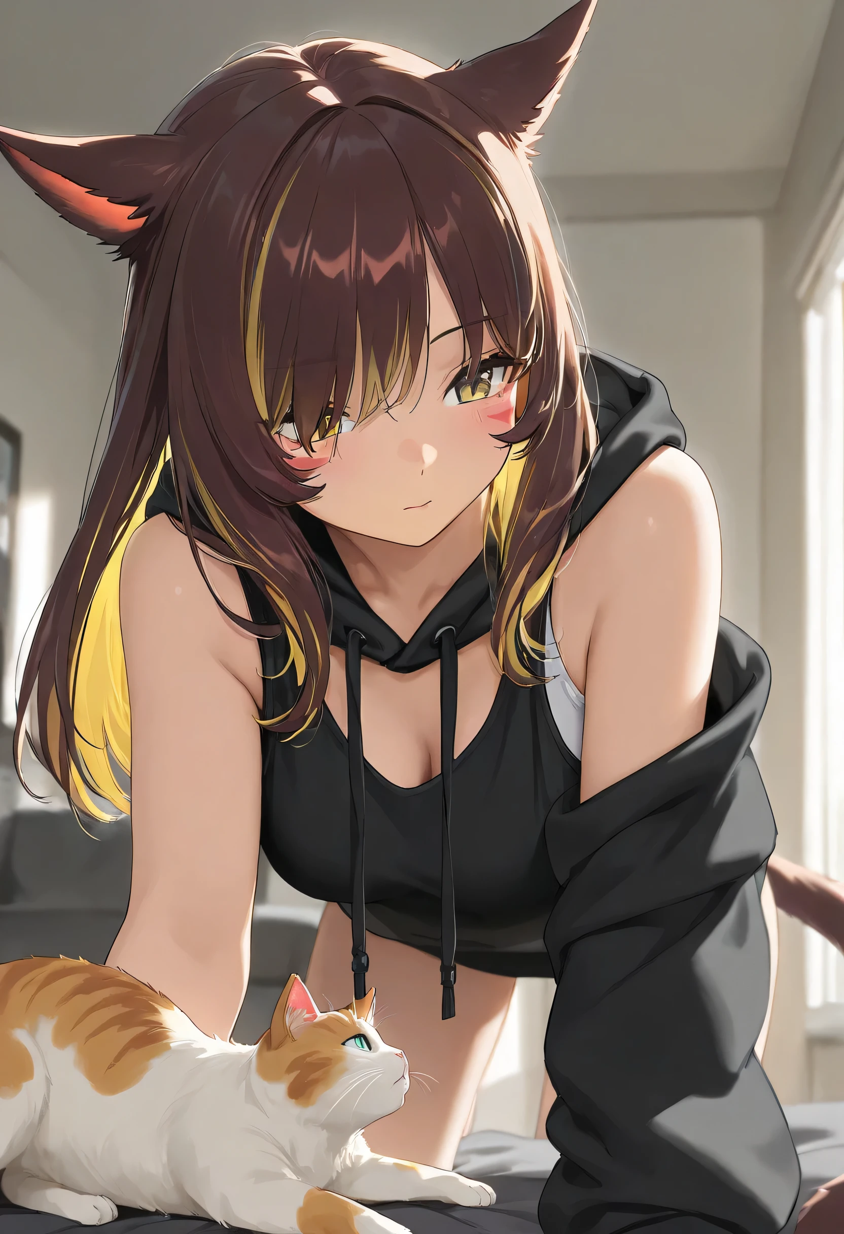 masterpiece,1girl, colored inner hair Brown hair Yellow hair, cat_ears, Black oversized hoodie,  inner tank top , Hair on one eye, Long hair tips, Miqo'te