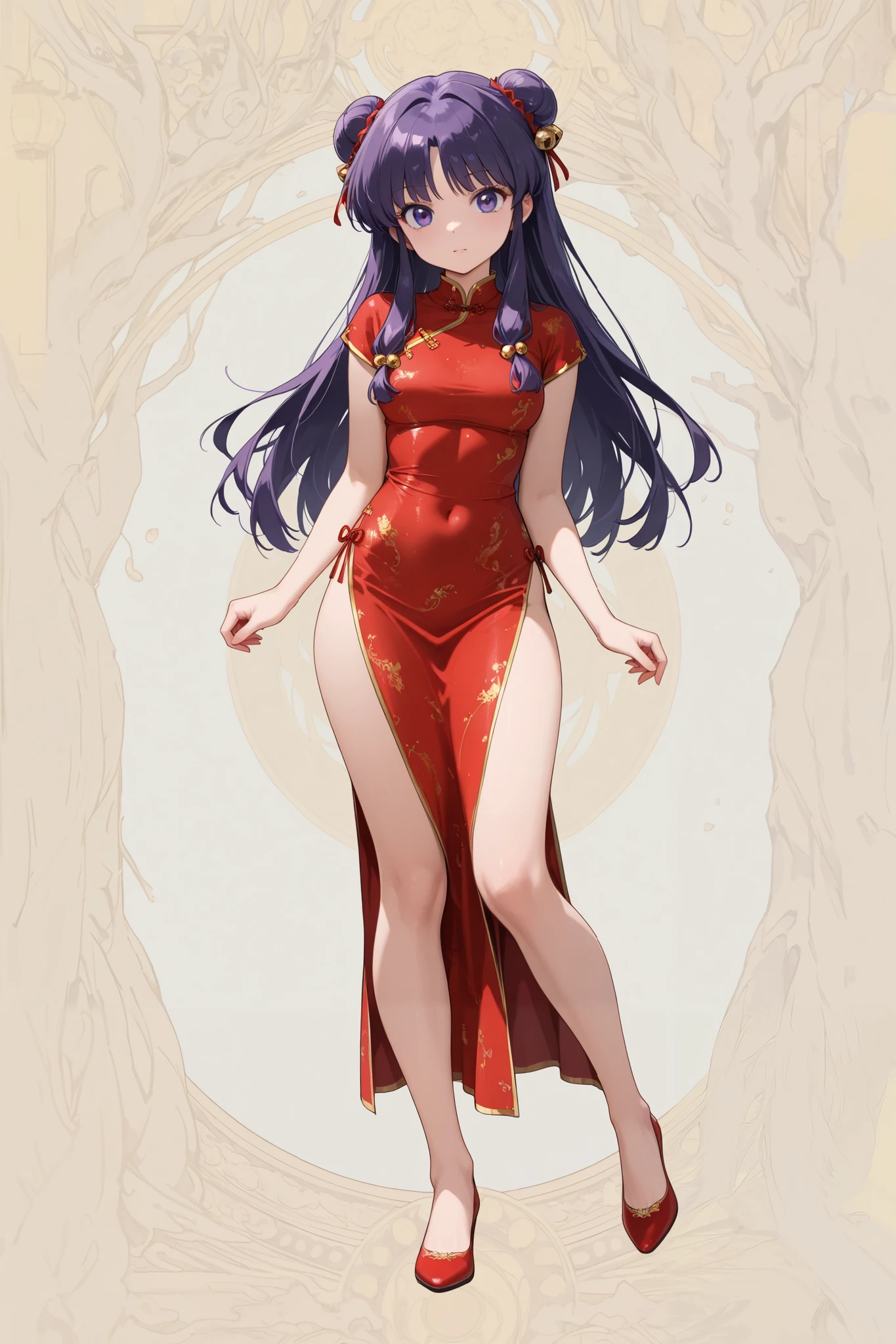 (solo:1.3),1girl\(shampoo, character of anime\(Ranma1/2\),cute,sexy, long hair, looking at viewer, bangs, simple background, hair ornament, white background, dress, purple eyes, full body, purple hair, sidelocks, hair bun, bell, double bun, chinese clothes, short red dress, red footwear, red china dress, hair bell,eyeshadow).background\( simple chinese design,white 1cat\). BREAK .quality\(8k,wallpaper of extremely detailed CG unit, high resolution, top-quality, top-quality real texture skin, hyper realistic, increase the resolution, RAW photos, best quality, highly detailed, the wallpaper, golden ratio, high saturation realism, vibrant colors, dramatic lighting, persuasive storytelling, atmospheric scenery, captivating visuals, intricate details, strong emotions, dreamlike world\),(dynamic angle:1.4)