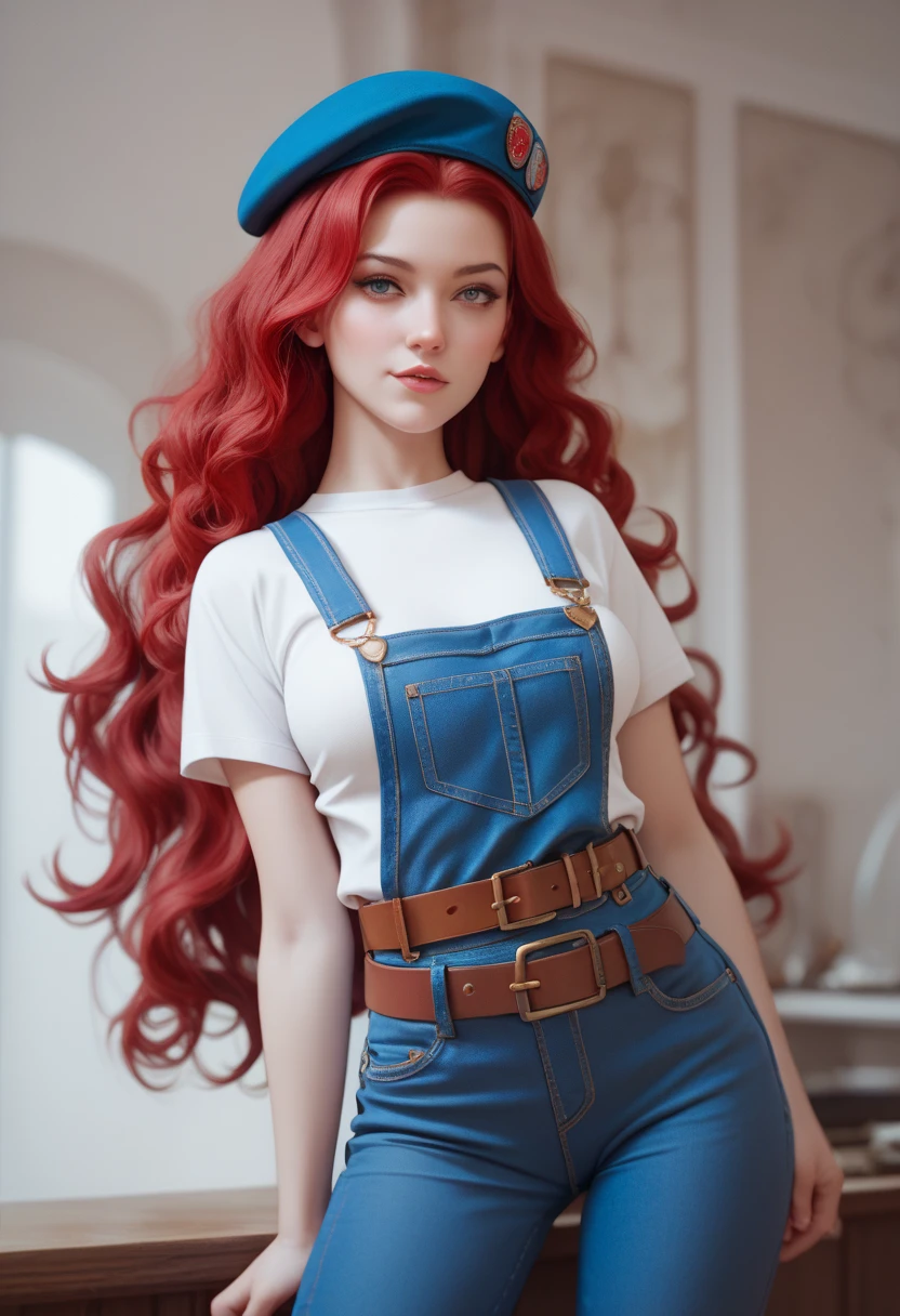 White-skinned Trans Girl ,  long long wavy deep red hair, ojos azules, slim,  medium breasts , cintura slim,  wearing a short sleeve white shirt , Blue overalls,  hip belt ,  wearing an artist's beret  