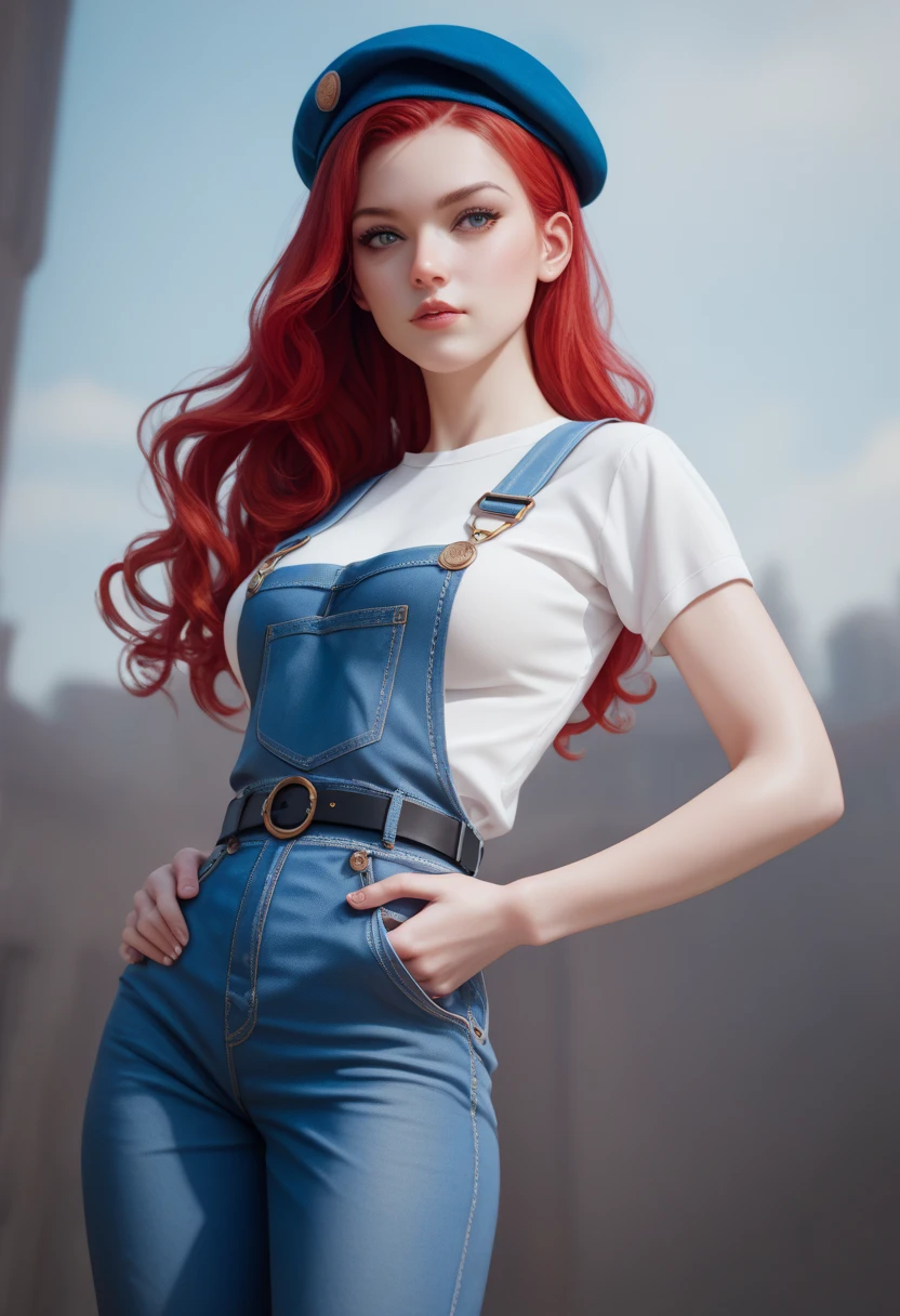 White-skinned Trans Girl ,  long long wavy deep red hair, ojos azules, slim,  medium breasts , cintura slim,  wearing a short sleeve white shirt , Blue overalls,  hip belt ,  wearing an artist's beret  