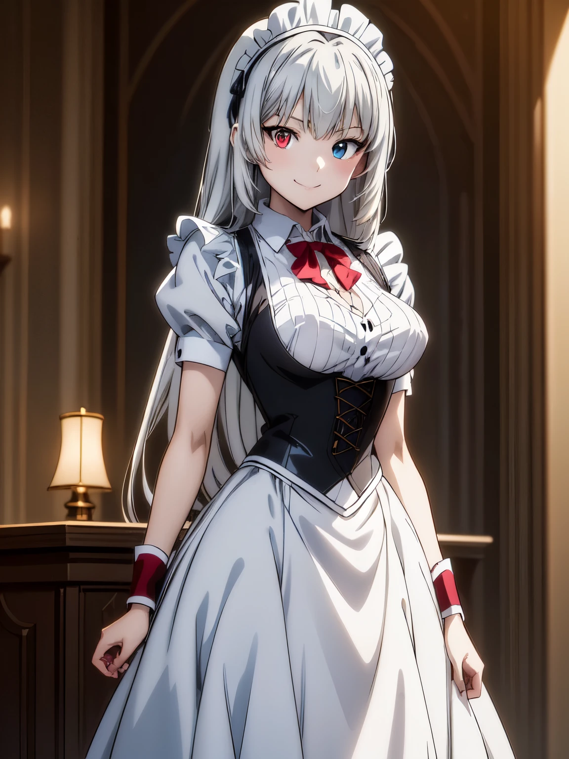 top quality、  high definition  、(  anime illustration style:1.5), smile、  standing with different breasts 、  White Collar  、 maid wearing clothes , (victorian dress:1.2), high-definition face 、smile、  Silver Hair、  long hair 、Luminous_Valentine, ( blue eyes:1.2),  rainbow heterochromia, ( red eyes:1.4)、  AMAZING PICTURES  , Dramatic lighting, Absolute reference to the center、4Ｋ，8Ｋ,(Genuine、Genuine志向、写真Genuine志向）、  high definition  、超 high definition  、 Ultra High Definition Painting 、indoor,Cafe,  standing with different breasts ,  BEAUTIFUL COWBOY SHOTS  ,smile