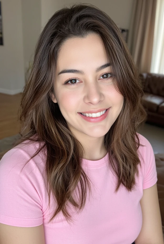 RAW photo of l4r1ss4r1qu3lm3 woman, wearing a pink tshirt, in a living room, detailed face, natural lighting, highly detailed, absurdres, smile happy
