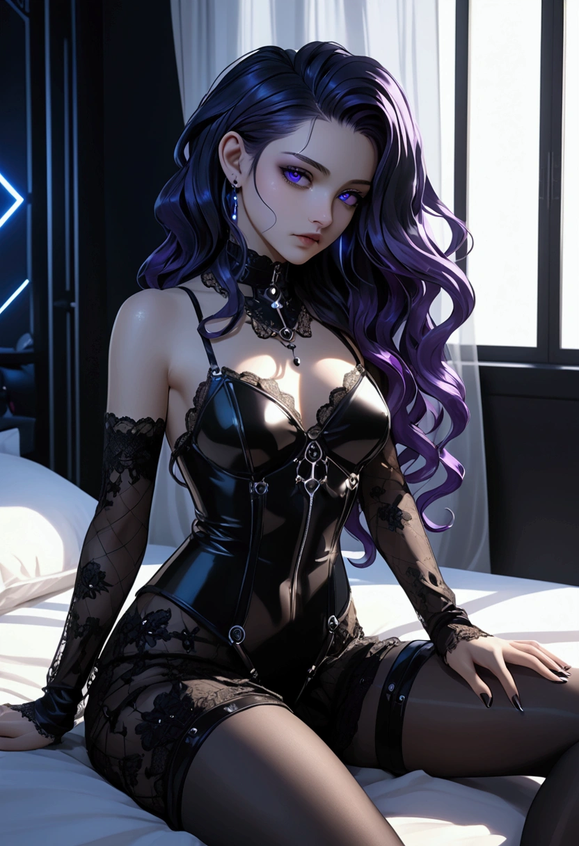 (masterpiece, Best quality:1.3), succubus, 1 girl, One, purple skin, Red eyes, black sclera, horns, Transparent sexy dress, fishnet stockings, night, Bedroom, cinematic candle light, a very cohesive symmetrical piece of art, by range murata, Artgerm, digital illustration, Beautiful, sexy legs. focus on legs