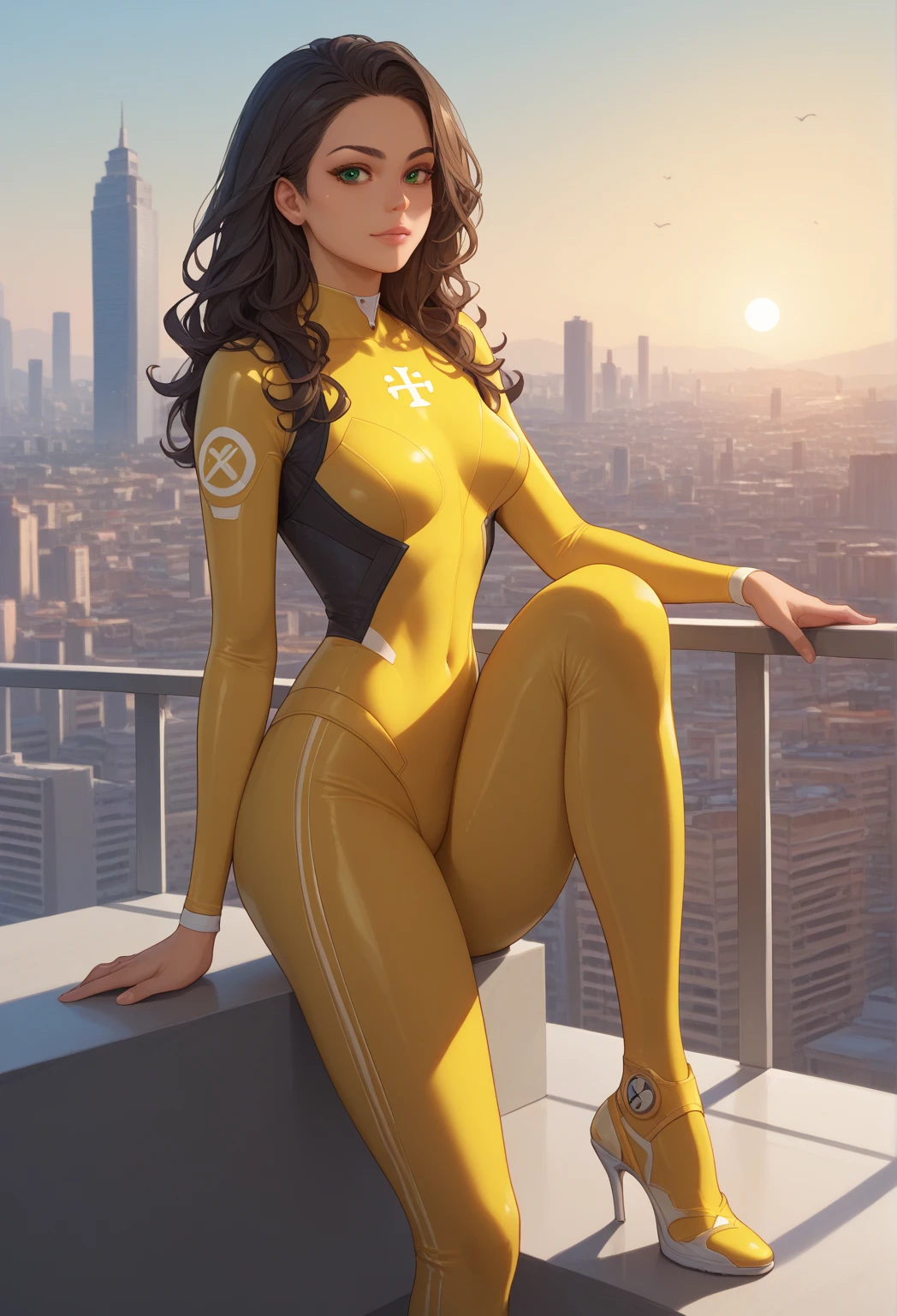 25-30 years, latina,  light brown skin ,  adorned with long wavy black hair and bright green eyes. Bodysuit, sexy, Sun symbol , yellow costume , black cover, city,  full body day , standing,  looking at the viewer, zoom sexy