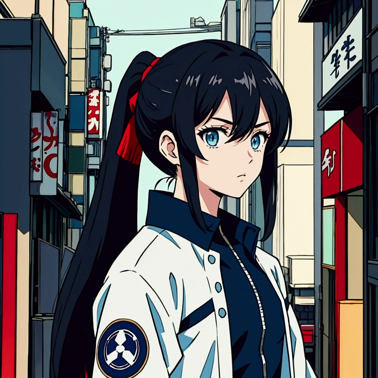 Screenshot of Tokyo Avengers, teenager with long black hair in a ponytail with white highlights in the front, mint eyes, navy blue jacket, Tokyo Revengers style