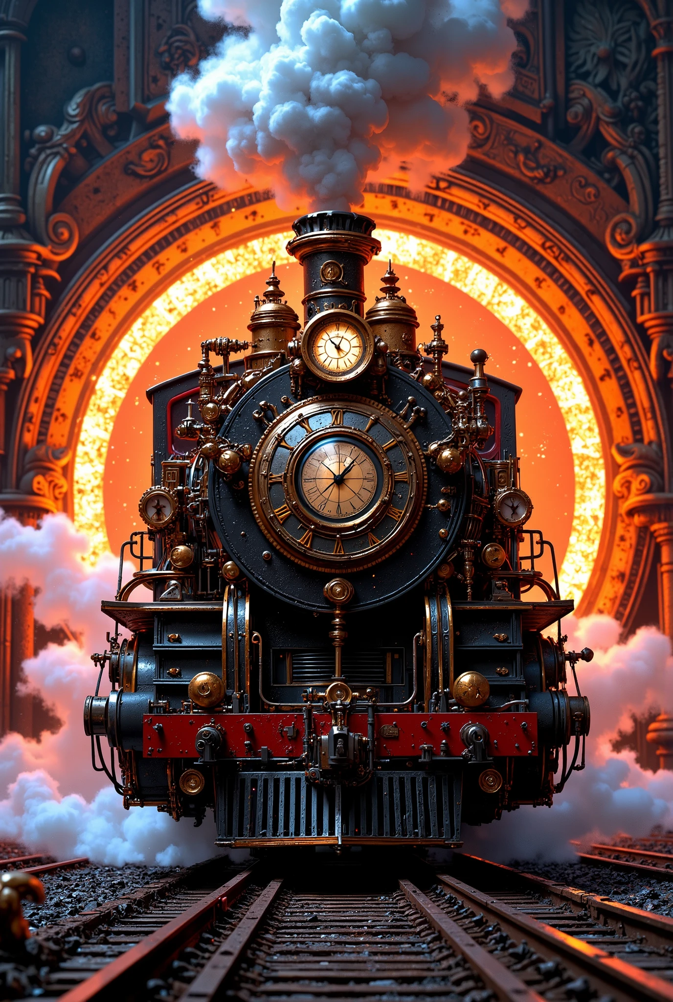 a steam train emerging from a magical glowing portal, clock on the front of the train, detailed, intricate, photorealistic, 8k, high quality, masterpiece, cinematic, dramatic lighting, vivid colors, fantasy, steampunk, intricate machinery, beautiful ornate design, ornate gold accents, warm lighting, steam and smoke effects, detailed texture, cogs and gears, victorian era, dramatic composition, cinematic framing