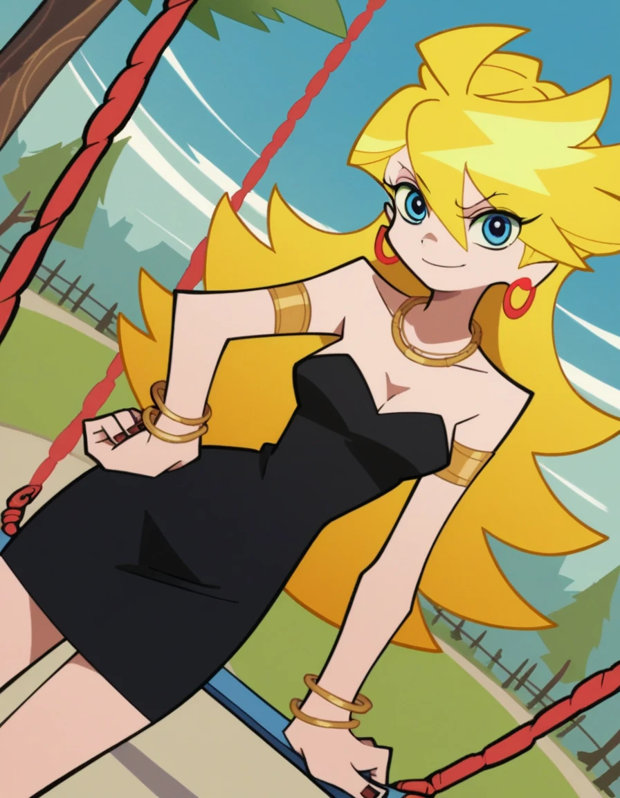 score_9, score_8_up, score_7_up, source_anime, panty anarchy, blonde hair, blue eyes, ahoge, long hair,, blonde hair, medium breast, sitting on a swing set, hoop earrings, cleavage, sexy smile, blond hair, blue eyes, strapless, black sweetheart dress, black pencil skirt, gold bracelet, left hand on own hip, park, right arm at side, cowboy shot, looking at viewer, cowboy shot, dutch angle