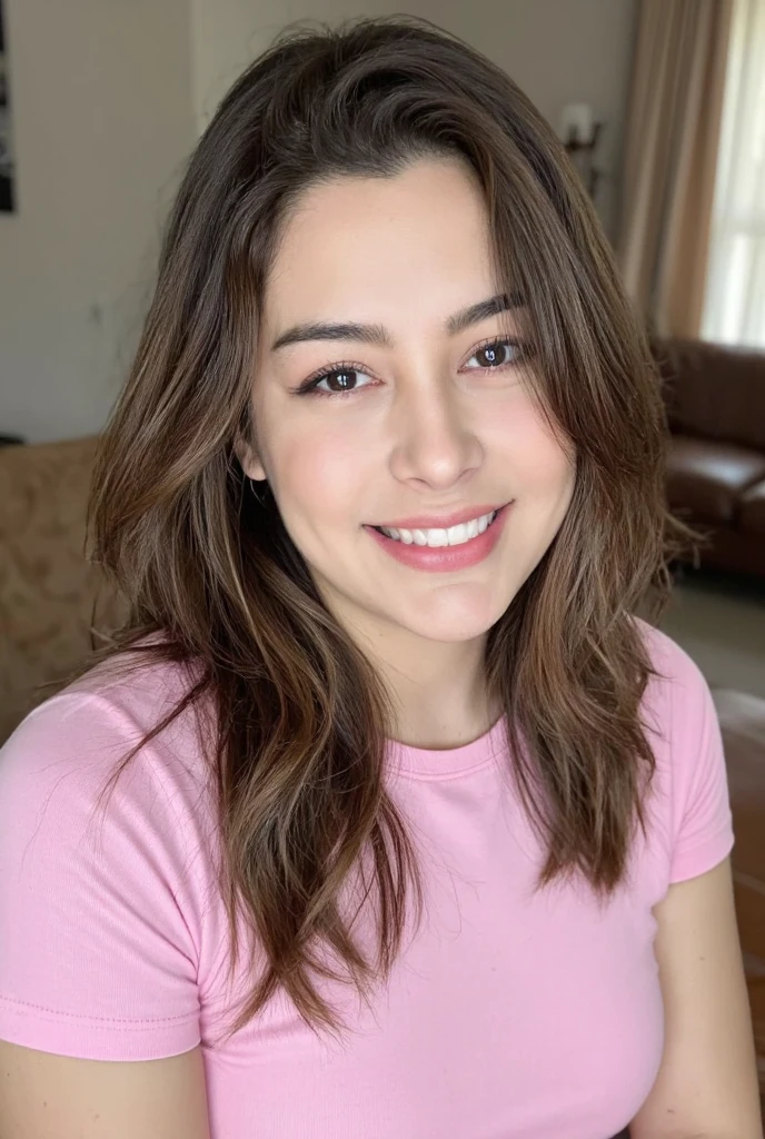 RAW photo of l4r1ss4r1qu3lm3 woman, wearing a pink tshirt, in a living room, detailed face, natural lighting, highly detailed, absurdres, smile happyBusty
