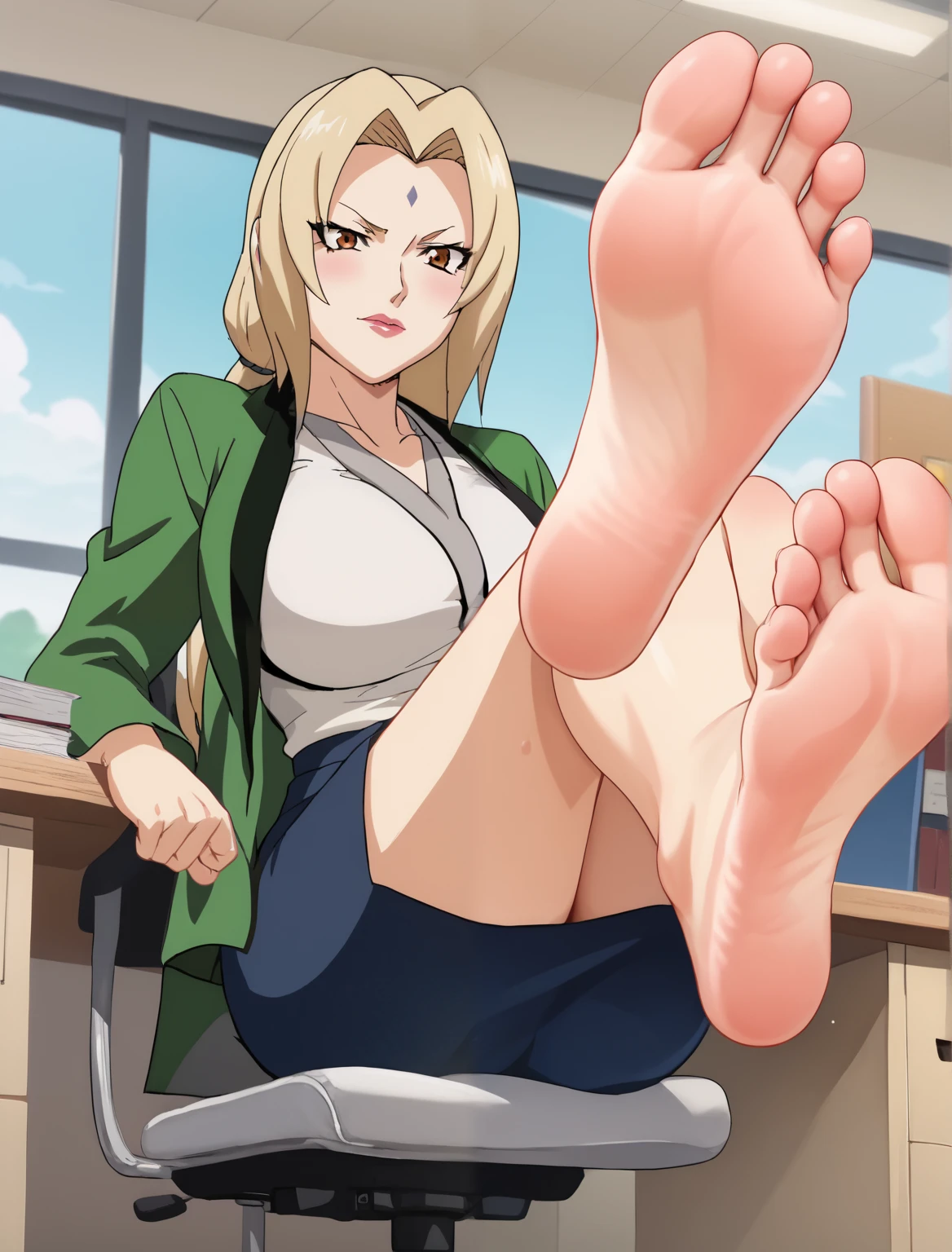 Score_9, score_8_up, source_anime, 1girl, Tsunade, alone, in her office, sitting on a chair, lifting legs and putting them on the desk, cowboy shot, ANIME SCREENCAP, anime coloring, barefoot, perfect feet, anatomically correct, soles, focal length 35mm, each foot has five toes, front, symmetrical soles, foot focus