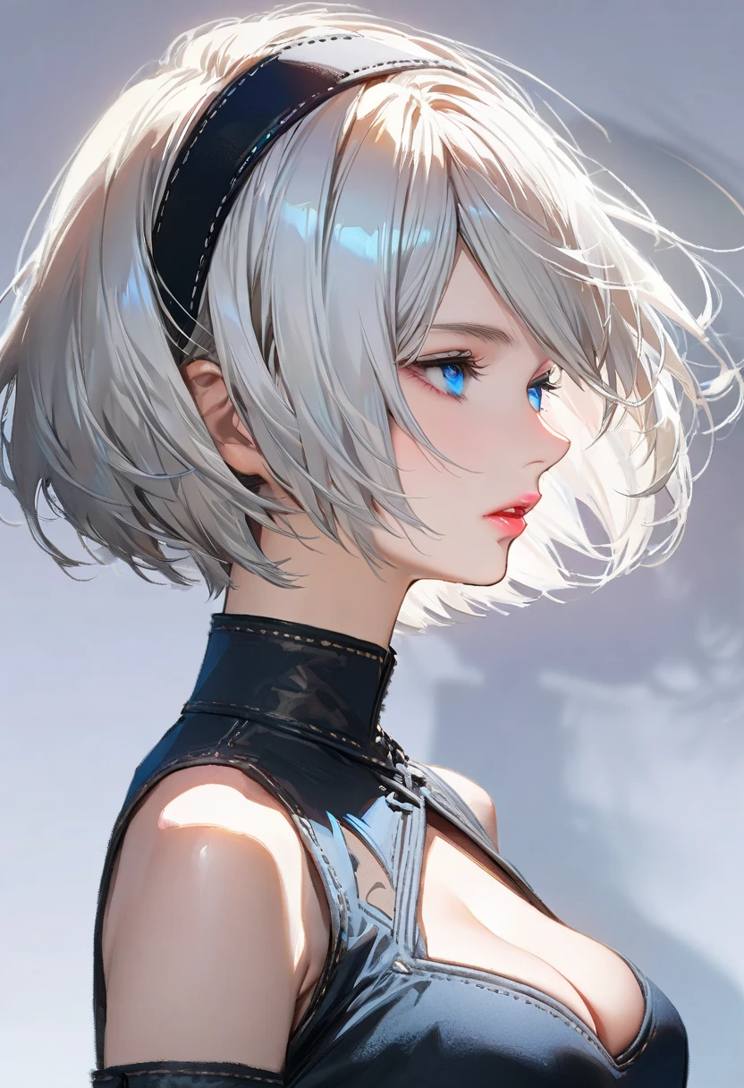 {(masterpiece,best quality, 16K portrait, UHD, extremely detailed the work, detailed beautiful face and eyes and skin and hair)} BREAK {1 adult-woman,(2B of Nier-Automa:1.2), (pale-off-white colored hair:1.4, short cut hair),(very small Almond-shaped eyes:1.2),(attractive blue-gray eyes:1.4),(left-eye hidden by bangs:1.2),(slender body),(medium breasts,cleavage),captivating lips} BREAK {(sensual look:1.2),(looking away)} BREAK {(Nier-Automata-2B costume:1.2),(black hairband:1)} BREAK {(simple background),(background shadow:1.2)} BREAK {upper body,(profile:1.2),cowboy-shot}