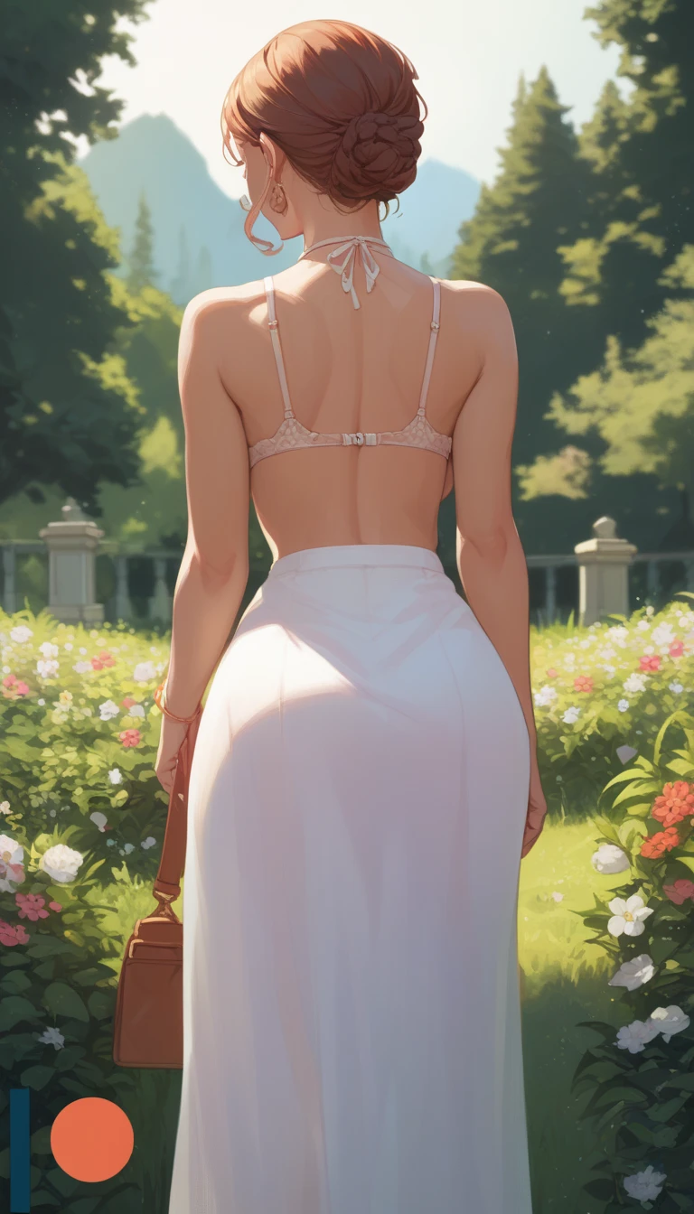 (Raw photo:1.2), (Photorealistic), Beautiful detailed girl, Very detailed eyes and face, Beautiful detailed eyes, Huge file size, High resolution, Very detailed, Best Quality, [masterpiece:1.6], Illustration, Very detailed, Fine detail, Best Quality, 32K Wallpaper, intricate details, in the garden, colorful flowers, beautiful young woman, short height, pixie cur hair, medium breast, low cut cotton panties and bra, full body photo, cameltoe, back view