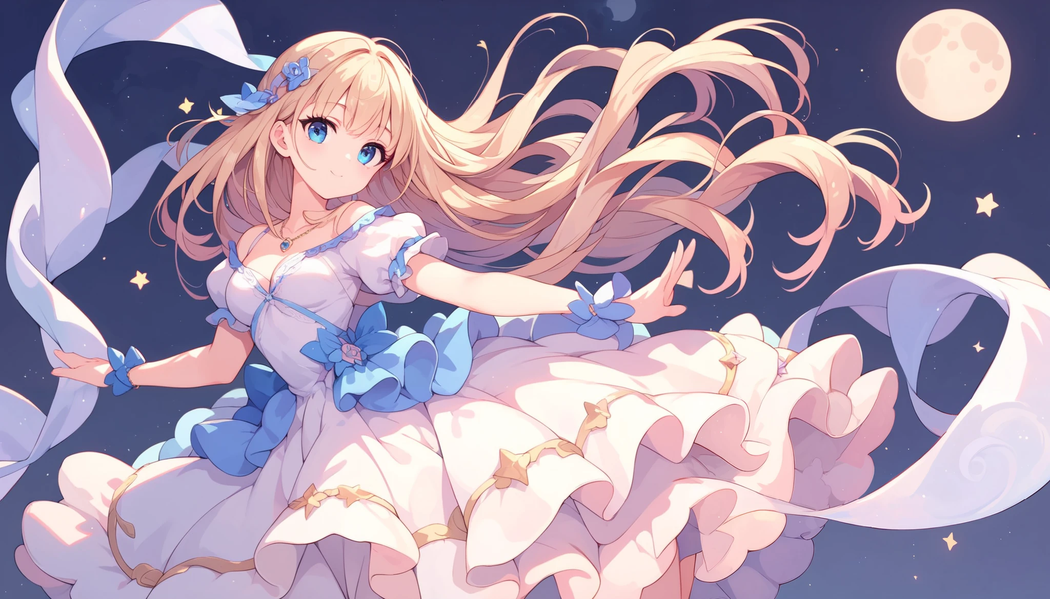 top quality ,Woman dancing graceful dance,cute, dress,moon, starry sky