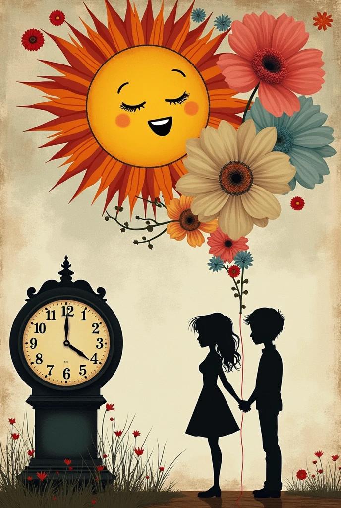 A collage :
Images that represent joy (laughter, sun, flores) and sadness (rain, dry leaves, a clock standing ).
The calendar as a central element , maybe worn out or with some dates crossed out
Silhouettes of Zoe and Mateo, together or separated , but always connected by a red thread or a faint line.