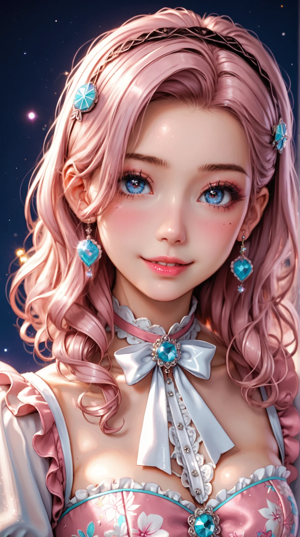 "portrait of a young Korean woman, full-body, standing elegantly, anime-inspired, delicate facial features, large almond-shaped lilac eyes that shine with a soft glow, flawless porcelain skin with a subtle pink blush, long silky pink hair cascading all the way to her feet, hair strands detailed and flowing gracefully, styled with a light natural wave, adorned with small crystal hairpins. She is wearing an exquisite Japanese lolita outfit: a frilly, Victorian-inspired dress in soft pastel pink and white, decorated with lace, ribbons, and delicate bows, short puffed sleeves, fitted bodice, and a wide layered skirt reaching mid-thigh, creating a bell-shaped silhouette. The dress has small floral embroidery details and sparkling pearls. She is wearing glass-like crystal shoes that glimmer with light reflection, slender crystal heels, perfectly complementing her attire. Her legs are long, slender, and gracefully posed, slightly crossed for a sexy yet refined look, skin smooth and radiant. Her expression is serene and confident with a hint of playfulness, a small smile on her soft pink lips, her posture is poised and feminine. The background is a soft, dreamy pastel gradient—white and pink, slightly blurred to emphasize the subject. Lighting is gentle and diffused, casting a subtle glow that highlights her flawless features and outfit. Art style is ultra-realistic anime with fine details and vibrant colors, highly detailed textures in hair, clothing, and accessories, cinematic lighting, sharp focus on the subject. A sense of elegance, beauty, and delicate sensuality."
(anime style 32K, HDR, UHD, intricate detail, extremely intricate detail, hyperrealistic, extremely realistic, high quality, vivid color, extremely detailed).