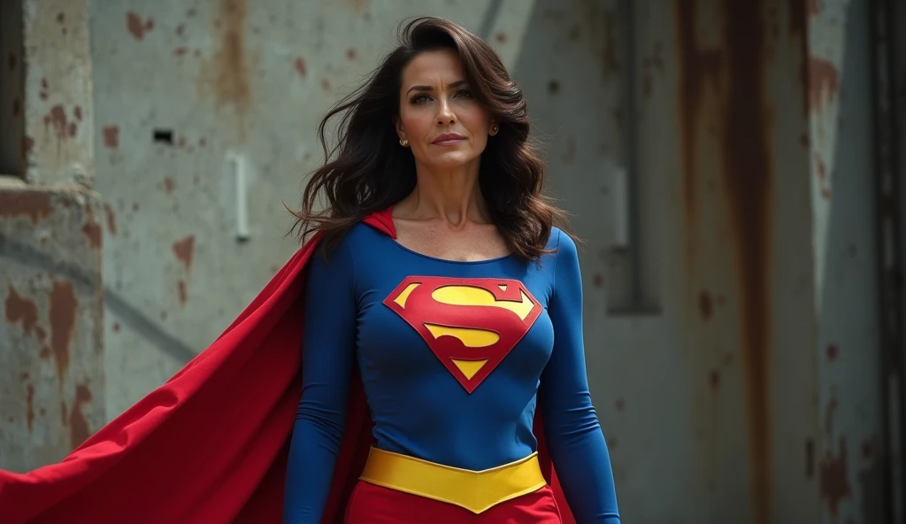 (((very beautiful old Supergirl (((1980s costume))) Julie Hagerty(((dark-haired, large-breasted woman in her 50s)))) Super woman Julie Hagerty; confident, powerful, indestructible, attractive; big and firm chest; strong breasts; arms crossed