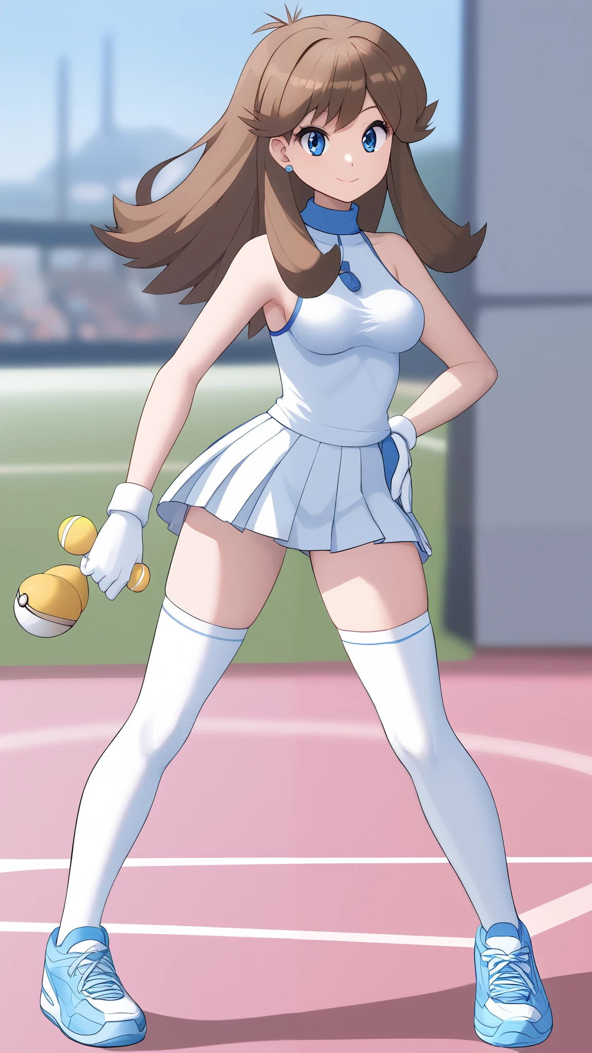 ( top quality )), ((masterpiece)), ( Details), 1girl,  orange brown hair color,  long hair,  blue eyes,  tennis wear ,  white pleated mini skirt,  white knee-high stockings reflective on glass floors,  absolute domain, white lace up shoes ,  Tall,  ANIME COLORING BOOK,  Watch viewers, 1 Female, Age 18,  standing with different breasts , Three idiot hairs ,  with bangs, whole body, Place one hand on hip,  slim figure,  sexy smile,  seductive smile,  tennis court in white, (\ Pokémon\),  score_9,  score_8_Excellent,  score_7_Excellent,  score_6_Excellent,  source_Anime,  cell shading ,  Flat Color , vector, Ample breasts, Two legs, two arms,