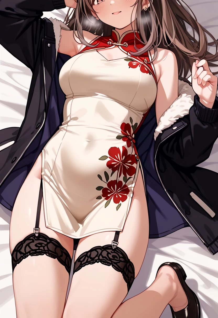 in heat,hentai,on all fours,hip shot,on the bed,leotard shot, (((garter belt,high_high_highest slit,chinese dress,groin, lace trimmed leotard,crotch, ,baggy Down jacket ,in the privateroom,shy,enjoy))) ,Extremely loving sexual acts based on pure love ,happy,very satisfied,ecstasy ,Tsukioka Kogane, (((boob,brown_hair)))