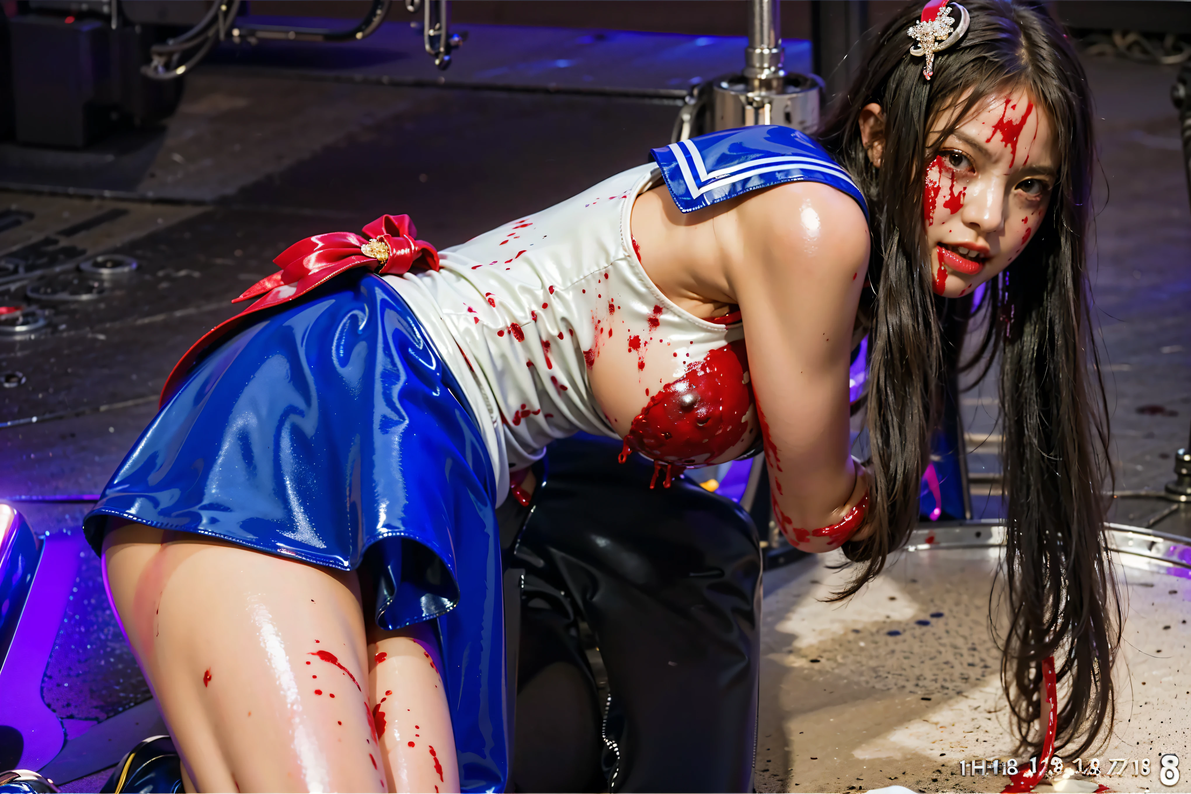 ((adds many Bloodstains on clothes:1.8)), ((blood dropping from mouth, heavy bleeding:1.3)), ((Erect nipples, huge breasts:1.6)), ((Best Quality, Advanced Details, masterpiece, super realistic pictures:1.3)), ((hyper real, high resolution, 32K, ultra high resolution:1.3)), ((Highly textured skin, High Quality Costume, surface scattering:1.3)), NSFW, gore, Ryona, Horror, tsukino usagi, tiara, sailor senshi uniform, blue sailor collar, bow, knee boots, choker, white gloves, red choker, elbow gloves, jewelry, earrings, blue skirt, ((latex leotard, brooch, giant ribbon, glossy latex skirt, Her clothes are stained with blood:1.8, pointed toe stiletto boots:1.6)), Patent leather shoes, Bloody costume,  glossy red lips, Ribbon on chest:1.5