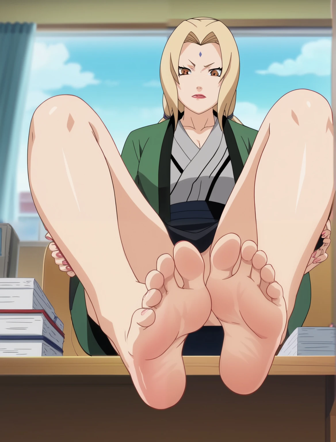 Score_9, score_8_up, source_anime, 1girl, Tsunade, alone, in her office, sitting on the table, lifting legs to show her soles, cowboy shot, ANIME SCREENCAP, anime coloring, barefoot, perfect feet, anatomically correct, soles, focal length 35mm, each foot has five toes, front, symmetrical soles, foot focus, low angle