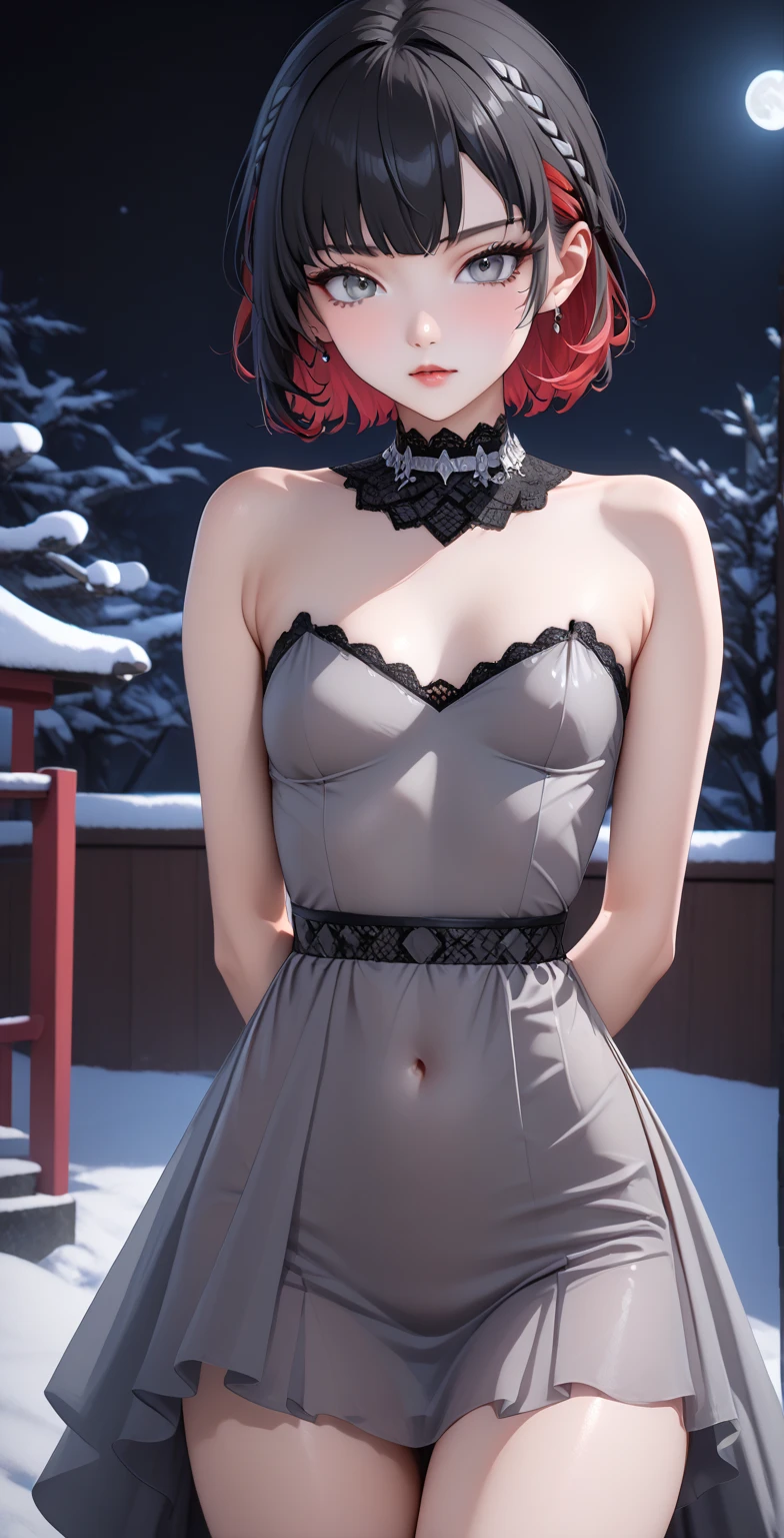 score_9, score_8_up, score_9_up, source_anime, close up photo,  beautiful face, ellenjoe, night, passionless,  closed mouth, ellen joe, black hair, moonlight, japanese party, night winter,  night party, snow, sexy body, very small breasts,  colored inner hair, multicolored hair, grey eyes, red hair,  short hair,  two-tone hair, shoulders covered, gala elegant dress, red elegant dress, night,  dark room, arms behind her back, lace collar,sexy body,  small breasts, two-tone hair,  beautiful eyes, beautiful legs, sexy legs, solo, fantasy world, night, beautiful eyes