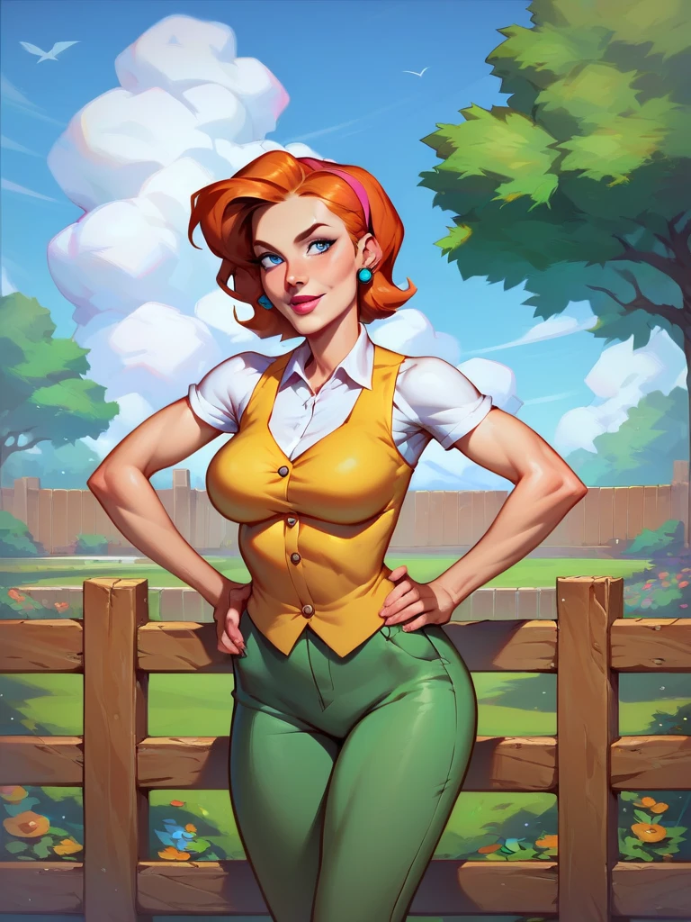 score_9, score_8_up, score_7_up, 1girl, dynamic pose, cowboy shot, light smile, looking at the viewer, sexy pose, sexually provocative, leaning forward, hands on hips, garden, tree, wooden fence, clouds, blue sky, detailed background,
 LindaXL Wooden Fence, Orange Hair, Short Hair, Blue Eyes, Headband, Earrings, White Shirt, Yellow Vest, Lipstick, Green Pants,