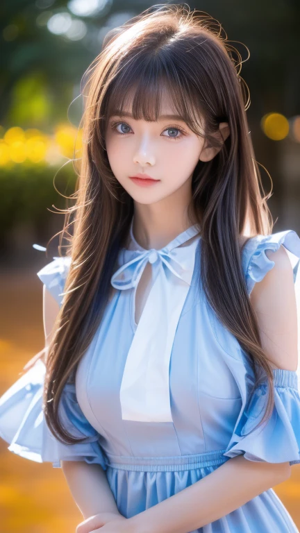 ( super detailed ),  light blue,(ruffle dress),(Short sleeve), upper body、 closeup 、Baby Face、Cute expression、,front, ,  teenage girl,No tail,(No tail),2D, masterpiece,  top quality , And soul, Detailed Eyes, Super long super long platinum hair with a very beautiful whitish shine and extremely bright light blue big eyes 、Detailed face, With a girl, Only one person,目が覚めるような明るいBlondeの超長いスーパーロングプラチナヘア, (Blonde),  Ear hair, ,  single blade , ( single blade ), ( Side Blades ),  pink ribbon,  ribbon around her neck, (White sleeves), Background bokeh、 so beautiful beautiful beautiful girl in the world、Bangs between the eyes、Bangs above the face、Small Face Beauty、round face、