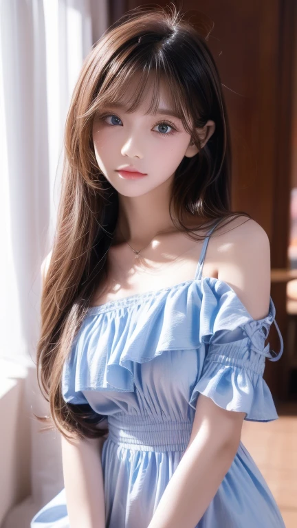 ( super detailed ),  light blue,(ruffle dress),(Short sleeve), upper body、 closeup 、Baby Face、Cute expression、,front, ,  teenage girl,No tail,(No tail),2D, masterpiece,  top quality , And soul, Detailed Eyes, Super long super long platinum hair with a very beautiful whitish shine and extremely bright light blue big eyes 、Detailed face, With a girl, Only one person,目が覚めるような明るいBlondeの超長いスーパーロングプラチナヘア, (Blonde),  Ear hair, ,  single blade , ( single blade ), ( Side Blades ),  pink ribbon,  ribbon around her neck, (White sleeves), Background bokeh、 so beautiful beautiful beautiful girl in the world、Bangs between the eyes、Bangs above the face、Small Face Beauty、round face、