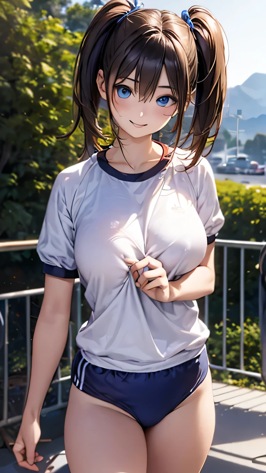 (masterpiece:1.2, top quality ), ( realistic , photo realistic :1.4), beautiful illustration , ( natural light, movie lights), nsfw,
is watching viewers, 1 girl, Japanese , high school girl, perfect face, cute and symmetrical face, pubic skin,
(middle hair:1.5, Twin Tails :1.2, light brown hair ), hair between eyes, blue eyes, big eyes, long lashes, ( Big Breasts :0.8, Thighs), slender,
beautiful detailed shine , Beautiful Detailed Face , beautiful detailed eyes, beautiful collarbone, beautiful body, beautiful breasts , 美しいThighs, beautiful legs, look under her beautiful fingers ,
( gym uniform , Blue Bloomers),
( Beautiful Scenery ), evening , (Schoolyard), standing with different breasts , (Beautiful smile, Above the eyes, Open lips),