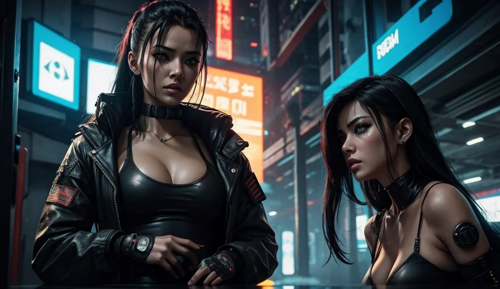 there are two people that are sitting next to each other, cyberpunk angry gorgeous druid, 5 0 0 px models, tribal jewelry, inspired by Kim Keever, rusty biomechanical cyborg, cyberpunk 2049, hippie chic, cg art --auto --s2