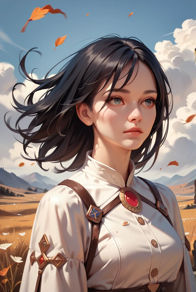  beautiful girl with high breasts、 fly in the sky on a glider in the shape of a bird's wing、Take off from a cliff 、Alone、Beautiful Face、 short cut hair、(goggles)、boots、 blue sky and white clouds 、 see a rural cityscape below 、Detailed Description、Dramatic composition、Best Quality、  High Resolution  、masterpiece、wallpaper、8k、