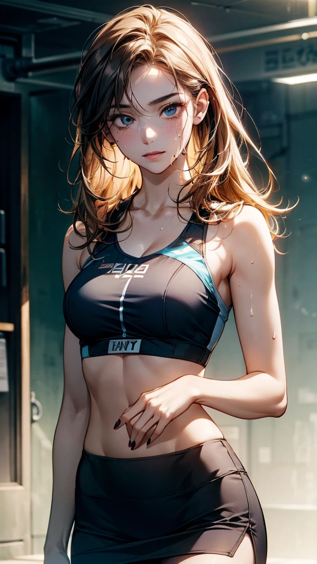 16K, High resolution, RTTX10.0, Ray Tracing, Natural light, Absurd, Top quality masterpiece, Perfect anatomy and highly detailed face, fine grain, Beautiful Hair, so beautiful, Edgy, Nice, Evil Aura, the wind is strong, Glowing Eyes, dystopian city, Futuristic, Detailed Background, Awards, Neon Light, It was a hot topic on Art Station., Climax, Sweat is splashing, (((Torn black tank top))), (((Torn blue shorts))), 自然A pose, Intense movement, color々A pose, (((dj))), Concentrated on the music