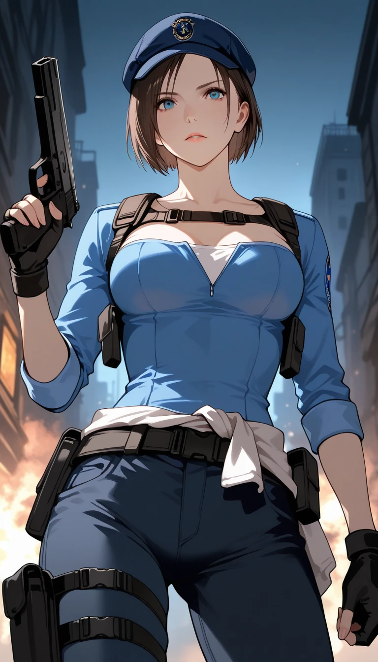 quiet (metal gear),  <lora:Quiet:.6>, masterpiece, best quality, cowboy shot, 1girl, solo, toned, city, long sleeves, sweater, jeans,