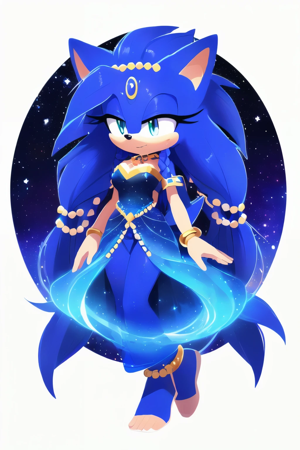 Sonic oc, Mobian, female, sonic the hedgehog but female, Cosmic hedgehog, A beautiful light blue hedgehog, purplish blue eyes, very long hair/quills, braided and beaded long hair bangs, long streaks of hair on each side of her face, (star constellation on hair, beads on hair, smooth fur, slim thick hourglass body, slim fit, wearing a long oracle covered dress, not reavealing, ankle bracelet on both legs beaded hair, flowing quills, no footwear, cosmic powers