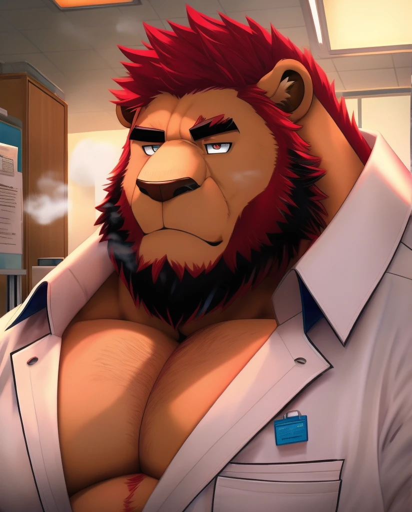 daddy fat lion red hair, personification, mature man, strong man, thick beard, cold expression, minimized pupils, brown eyebrows, the era of steam, hospital office. Eye details, nsfw.
