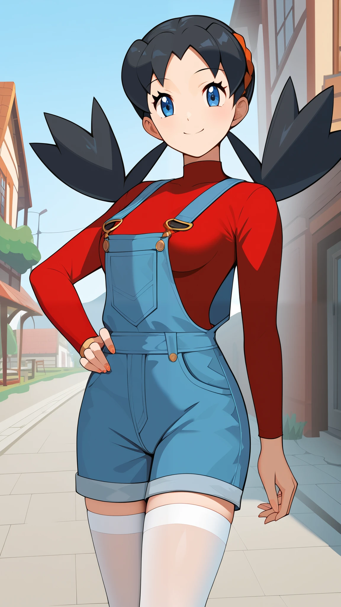 (( top quality )), ((masterpiece)), ( Details), 1girl,  sexy, blue-black hair color,  Twin Tails ,  long hair,  blue eyes, red long sleeve shirt , blue shorts overalls,  white knee-high stockings reflective on glass floors, Thighs,  absolute domain,  Tall,  ANIME COLORING BOOK,  Watch viewers, 1 Female, Age 18,  standing with different breasts , whole body, Place one hand on hip,  slim figure,  sexy smile,  seductive smile, Ample breasts, orange laces , Outdoor, town, (\ Pokémon\),  score_9,  score_8_Excellent,  score_7_Excellent,  score_6_Excellent,  source_Anime,  cell shading ,  Flat Color , vector, Two legs, two arms,