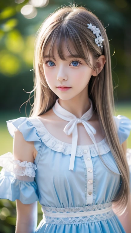 ( super detailed ),  light blue,(ruffle dress),(Short sleeve), upper body、 closeup 、Baby Face、Cute expression、,front, ,  teenage girl,No tail,(No tail),2D, masterpiece,  top quality , And soul, Detailed Eyes, Super long super long platinum hair with a very beautiful whitish shine and extremely bright light blue big eyes 、Detailed face, With a girl, Only one person,目が覚めるような明るいBlondeの超長いスーパーロングプラチナヘア, (Blonde),  Ear hair, ,  single blade , ( single blade ), ( Side Blades ),  pink ribbon,  ribbon around her neck, (White sleeves), Background bokeh、 so beautiful beautiful beautiful girl in the world、Bangs between the eyes、Bangs above the face、Small Face Beauty、round face、