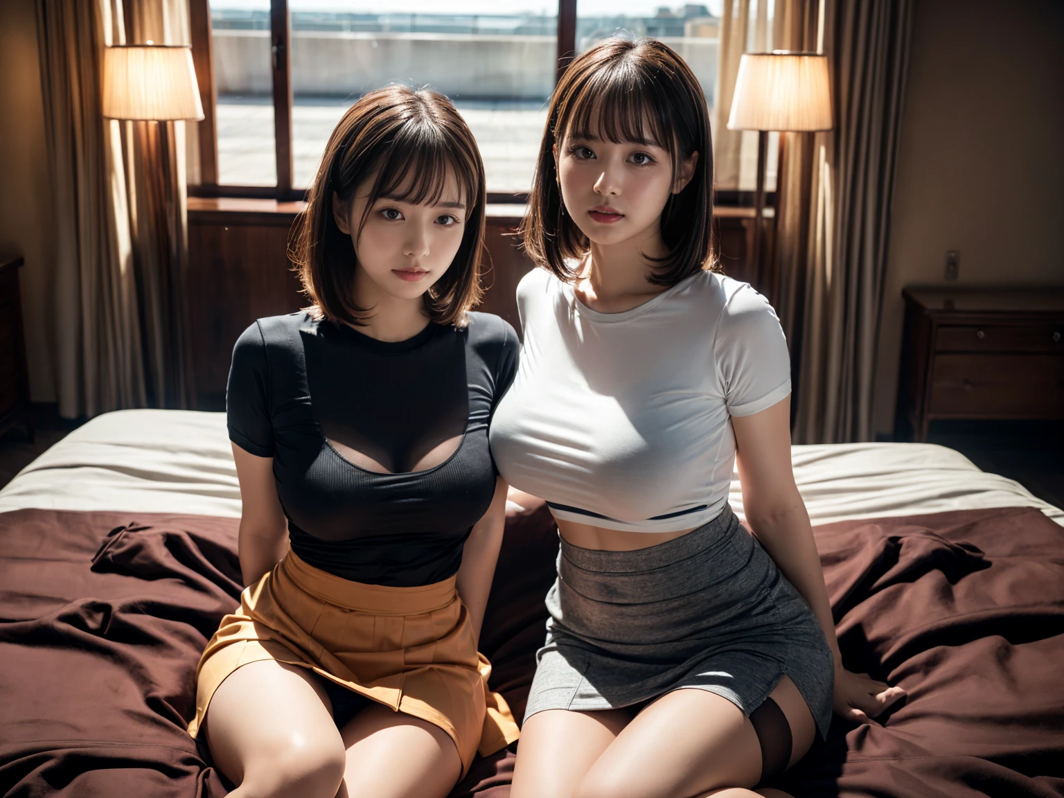 Busty short skirt, short hair, white clothes, black stockings --auto
