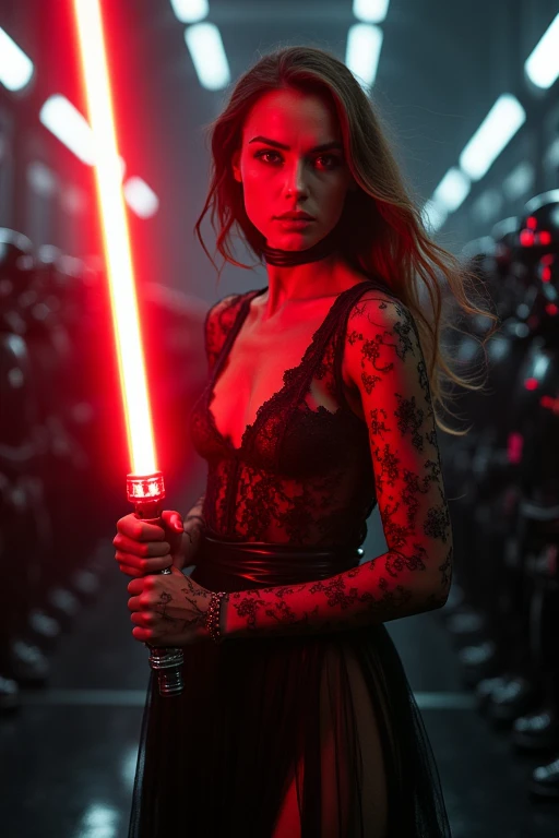 A stunningly beautiful blonde woman ,age 23, in a red riding hood costume, wielding a lightsaber with confidence , surrounded by a mystical forest setting bathed in a soft, ethereal glow, evoking a sense of enchantment and power. The scene captures a blend of fairy-tale charm and sci-fi fantasy, creating a mesmerizing and captivating image. cinematic, epic realism,8K, highly detailed