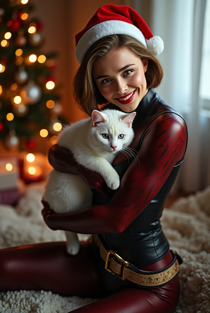  Looking at viewer, 1 female, Bat woman style , holding cute white cat,  brown short hair, blue eye ,smile,  Bat woman costume, male  sexy cat pose, Santa hat and shoes,  big cat bed, in home Christmas tree, present,  (masterpiece, highest quality, High resolution, Photo realistic, sharp, RAW Photos, wallpaper, perfection, Professional Lighting, Very detailed)