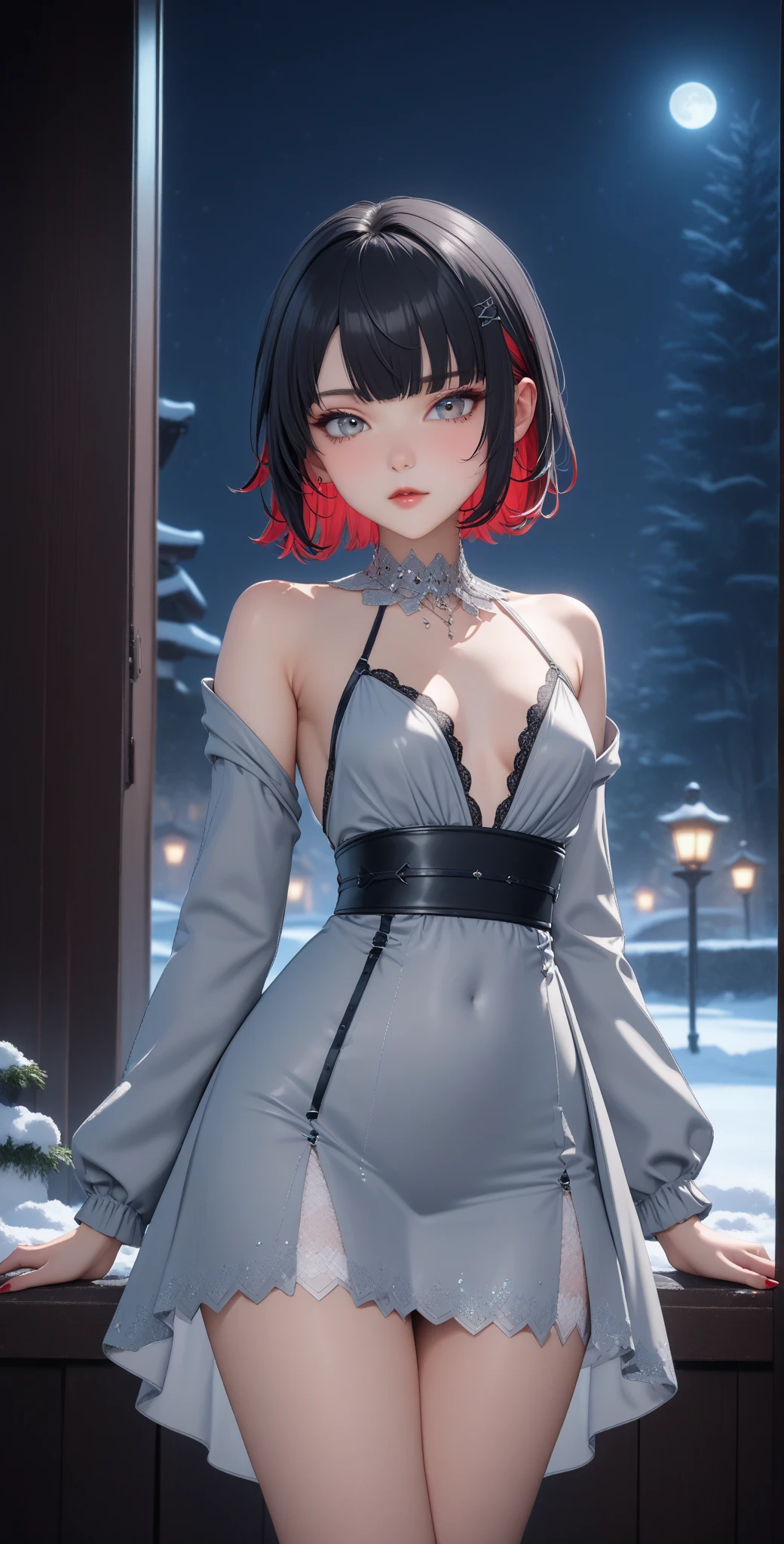 score_9, score_8_up, score_9_up, source_anime, close up photo,  beautiful face, ellenjoe, night, passionless,  closed mouth, ellen joe, black hair, moonlight, japanese party, night winter,  night party, snow, sexy body, very small breasts,  colored inner hair, multicolored hair, grey eyes, red hair,  short hair,  two-tone hair, shoulders covered,  long sleeves, gala elegant dress, winter dress, elegant dress, night,  dark room, arms behind her back, lace collar,sexy body,  small breasts, two-tone hair,  beautiful eyes, beautiful legs, sexy legs, solo, fantasy world, night, beautiful eyes