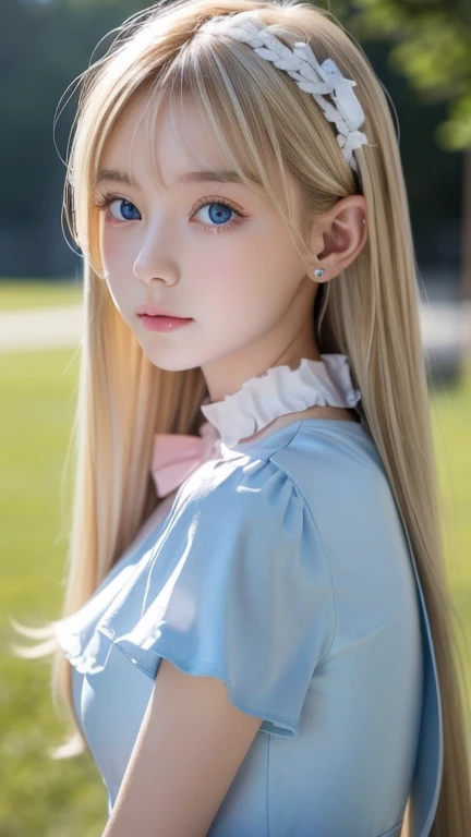 絶世の凄く綺麗なプラチナBlonde美少女、( super detailed ),  light blue,(ruffle dress),(Short sleeve), upper body、 closeup 、Baby Face、Cute expression、,front, ,  teenage girl,No tail,(No tail),2D, masterpiece,  top quality , And soul, Detailed Eyes, Super long super long platinum hair with a very beautiful whitish shine and extremely bright light blue big eyes 、Detailed face, With a girl, Only one person,目が覚めるような明るいBlondeの超長いスーパーロングプラチナヘア, (Blonde),  Ear hair, ,  single blade , ( single blade ), ( Side Blades ),  pink ribbon,  ribbon around her neck, (White sleeves), Background bokeh、 so beautiful beautiful beautiful girl in the world、Bangs between the eyes、Bangs above the face、Small Face Beauty、round face、