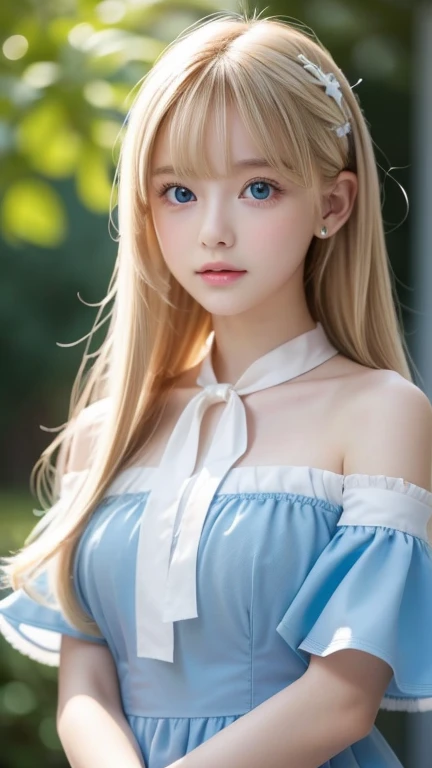 絶世の凄く綺麗なプラチナBlonde美少女、( super detailed ),  light blue,(ruffle dress),(Short sleeve), upper body、 closeup 、、Cute expression、,front, ,  teenage gtail,(No tail),2D, masterpiece,  top quality , And soul, Detailed Eyes, Super long super long platinum hair with a very beautiful whitish shine and extremely bright light blue big eyes 、Detailed face, With a girl, Only one person,目が覚めるような明るいBlondeの超長いスーパーロングプラチナヘア, (Blonde),  Ear hair, ,  single blade , ( single blade ), ( Side Blades ),  pink ribbon,  ribbon around her neck, (White sleeves), Background bokeh、 so beautiful beautiful beautiful girl in the world、Bangs between the eyes、Bangs above the face、Small Face Beauty、round face、