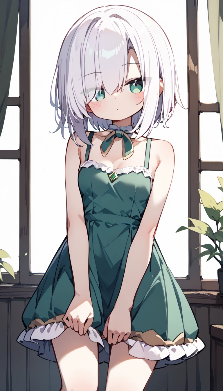  Emerald green eyes, white hair, eyes visible through hair, short hair　Alone,  eyebrow visible from inside hair ,  hair between eyes, slip dress