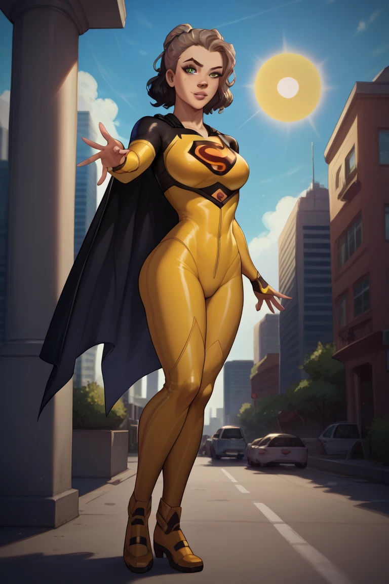 score_9, score_8_up, score_7_up, BREAK 1girl,Latina, light brown skin, adorned with long, wavy black hair and outstretched green eyes. Bodysuit, sexy, sun symbol, yellow costume, black cape, city, full body day, standing, looking at viewer, sexy zoom