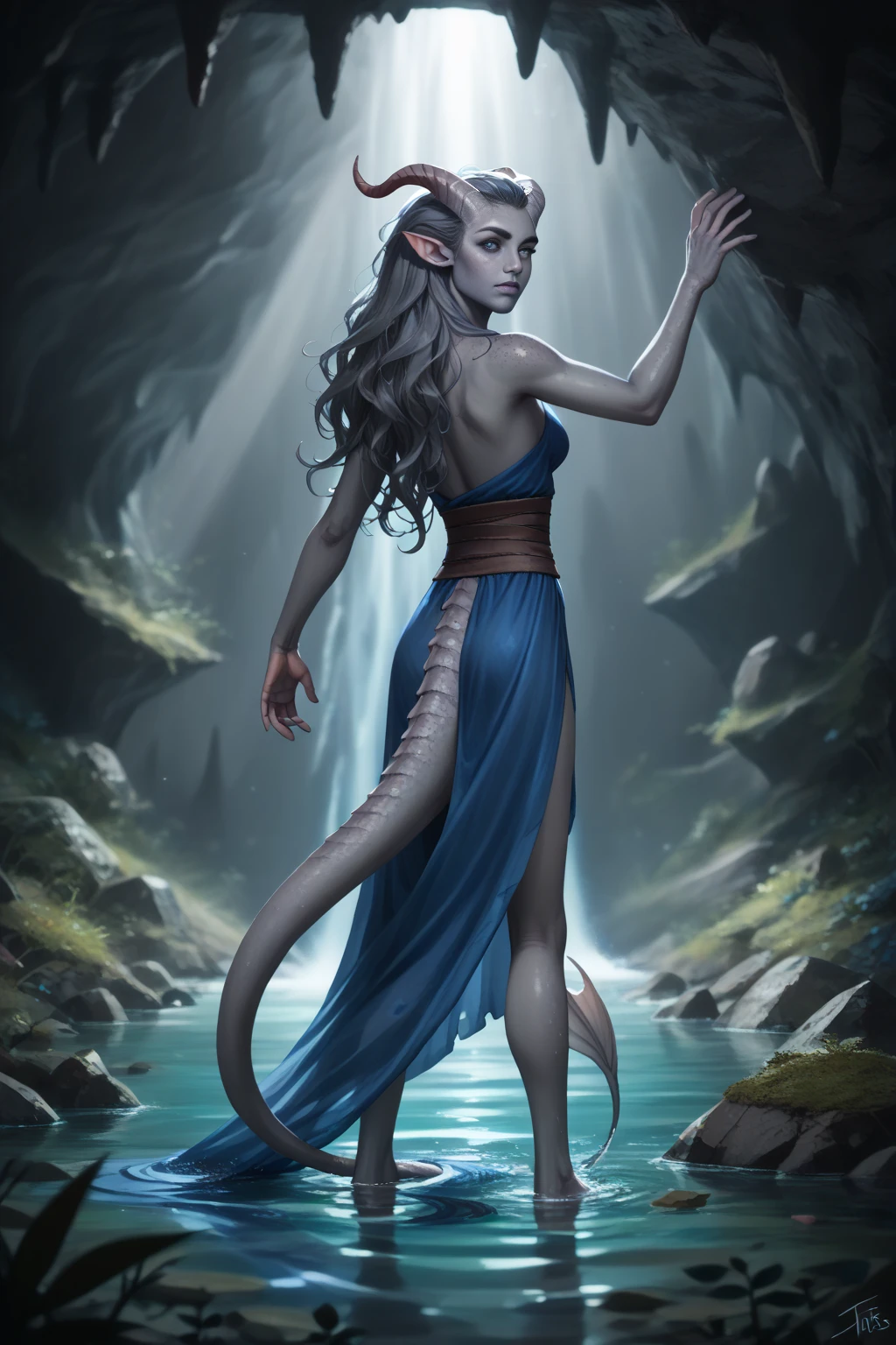 ( Cedar grows in the cave ), ((cave vaults )), dynamics, ( with his back to the viewer ), (kind face, visible from behind ), (waist-deep in water), ((swims in a lake in a cave)) , (1Тiefling ,  dark blue-gray skin :1.7), (very thick long tiefling dragon tail:1.5), (white mother) , (((long dark blue flowing hair))) ,  ((( bright pigmentation on the face))), (((blue-black freckles ))) , ((2 fins on the head)), ((bright blue-grey pupils, very black eyes)), ((skin pigmentation,)),  girl  , (kind face), (curiosity ), ( openness in view ), ( curious eyes ), ((30 years old)), ((windings)),   (( dynamic pose  , view from behind )) , ( dark grey straight short horns), (highest quality,  masterpiece fails,   highest detail ) ,  fantasy background. blue tones, Dark tones.  Clear water at the bottom of the cave, stream , scale,  Dark colors , stalagmites ,  stalactites , dark shades,  muted colors. (( Bottom view from afar,  full length)).