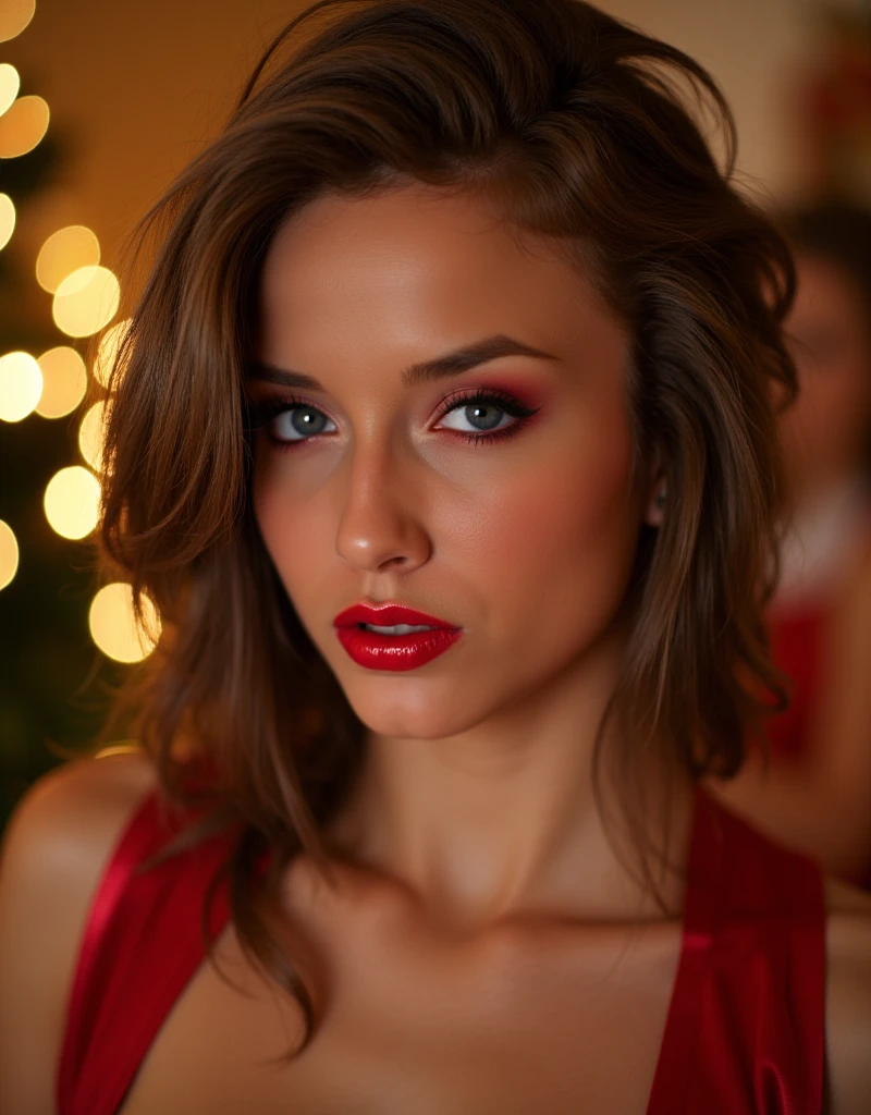 beautiful full body portrait, red lip gloss, latex Christmas outfit, brown hair, shiny lips, glossy lips, reflective lips, eye contact, red eyeliner flicks, at home by the christmas tree